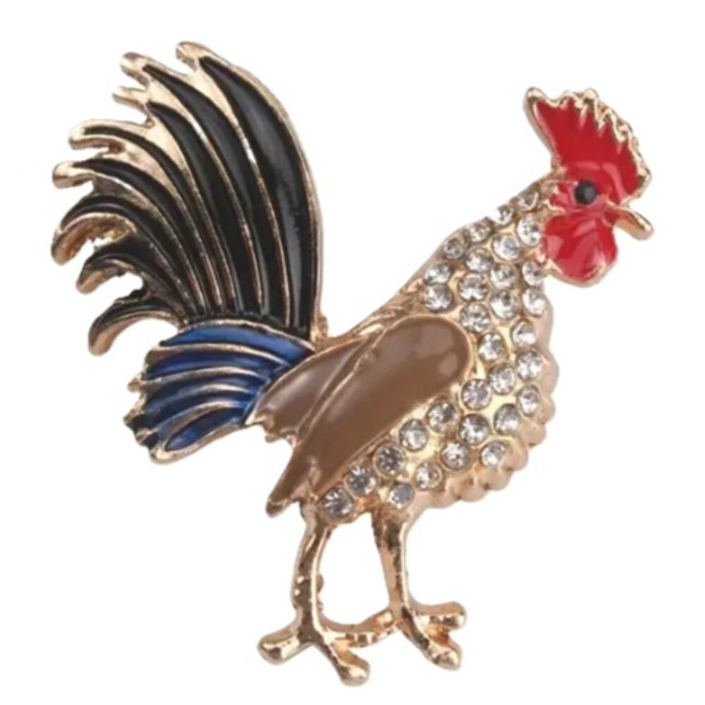 Adorable Rooster Brooch Multi Color Gold & Crystal